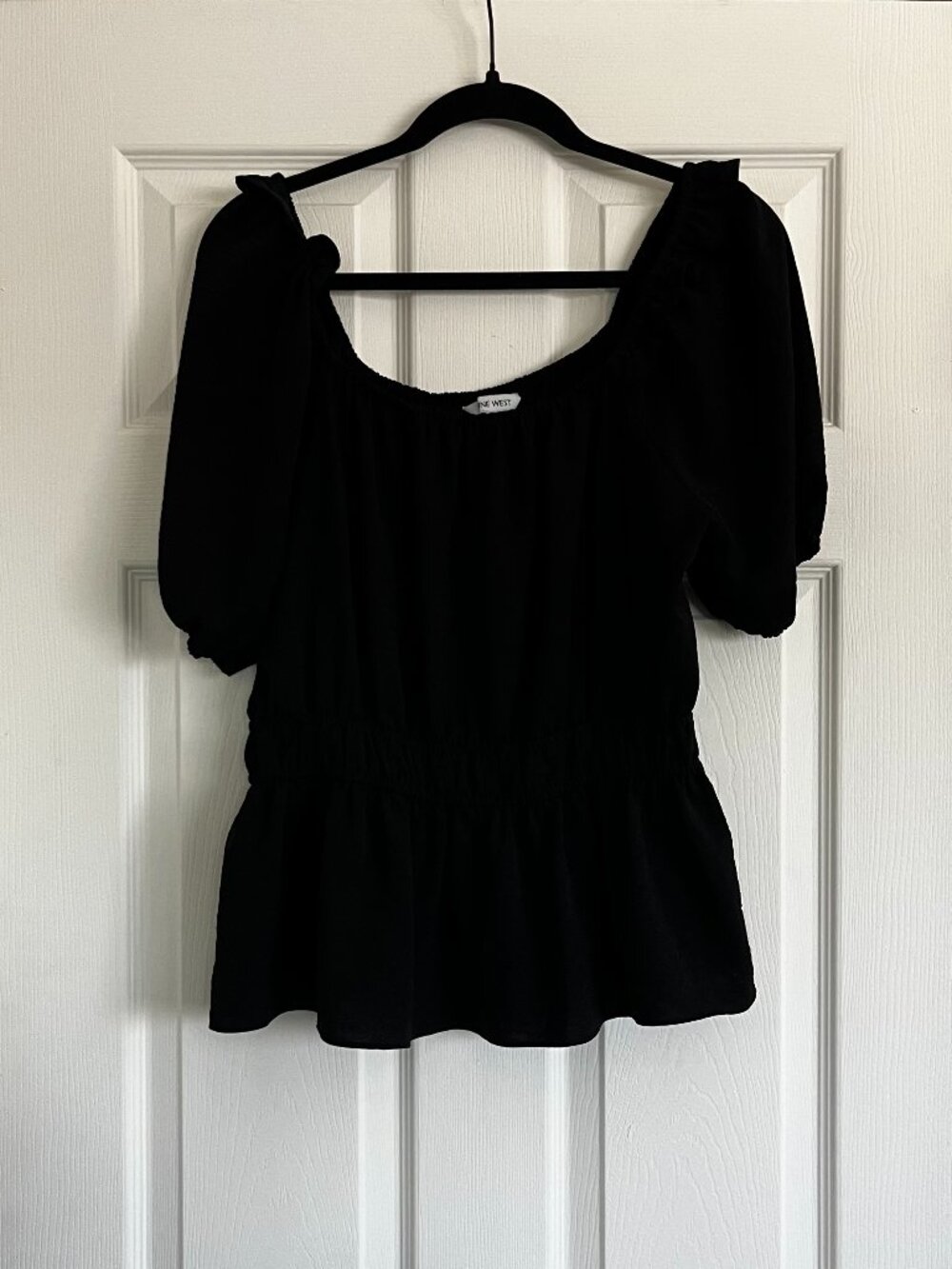 Nine West Puff Sleeve Square Neck Black Peplum Top Size Large